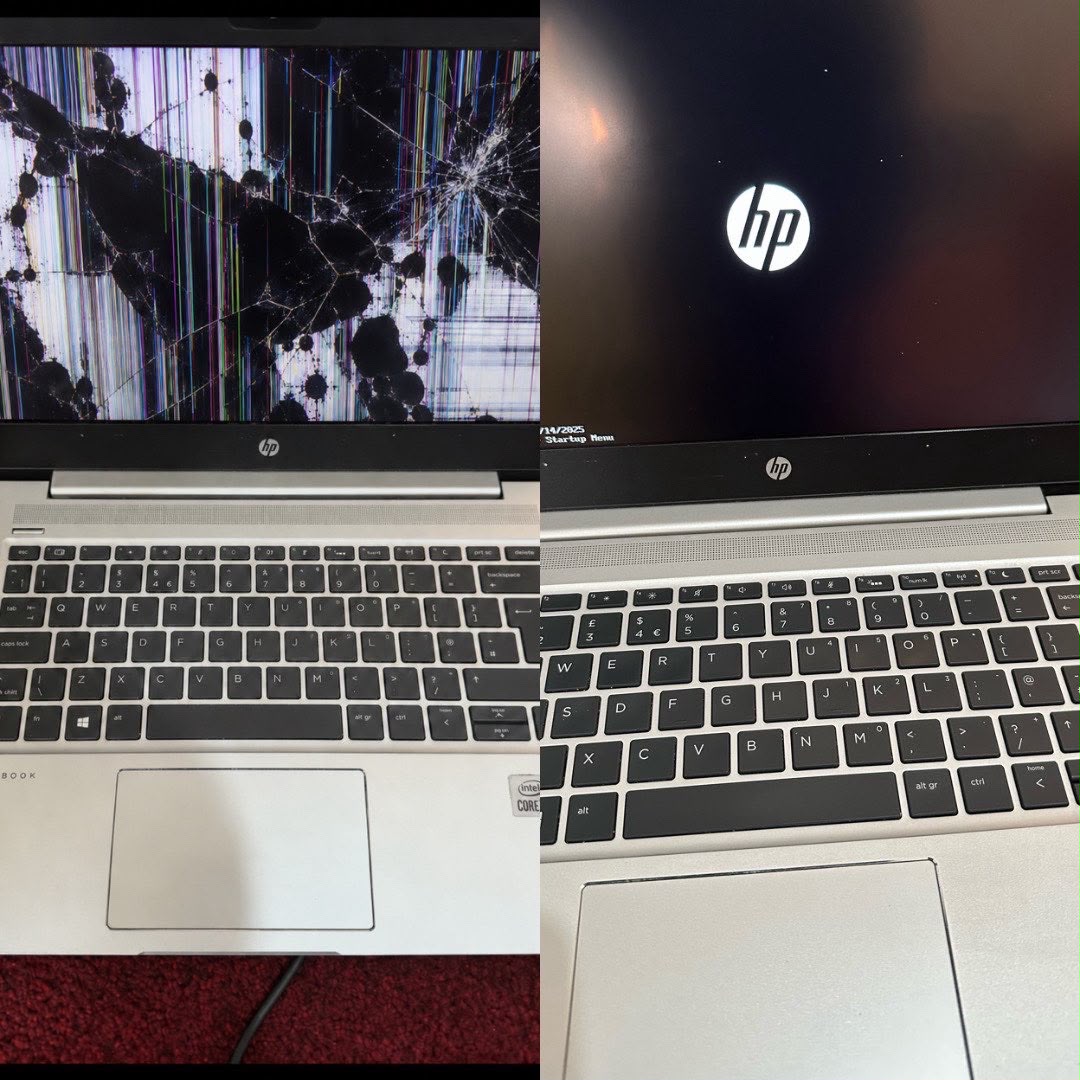 HP laptop with a damaged screen before repair and starting correctly afterwards